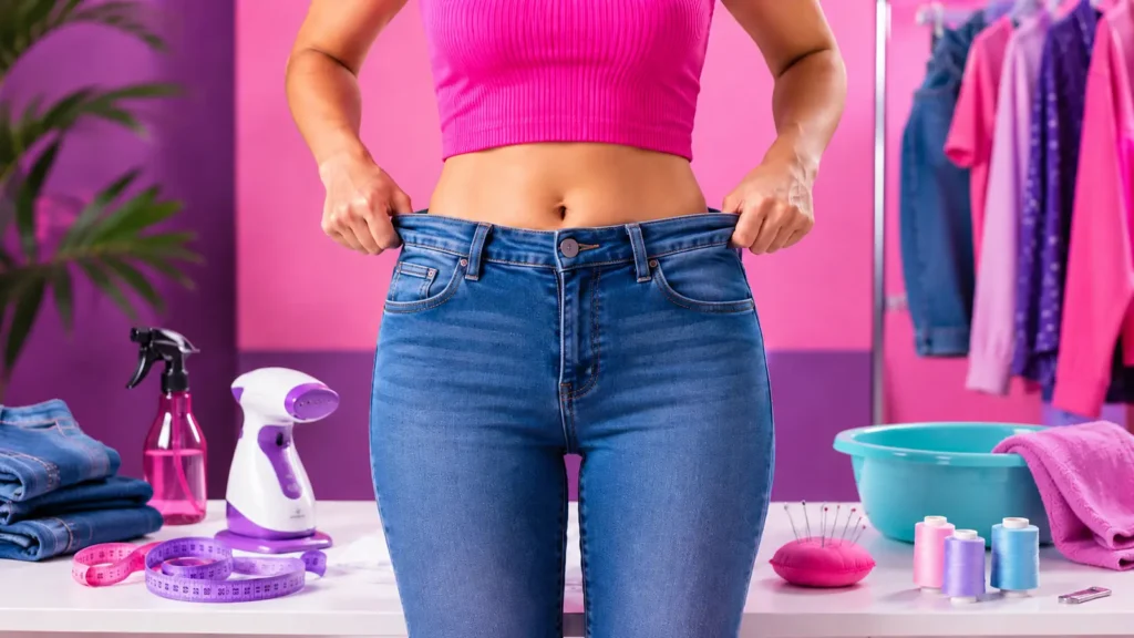 Personne qui étire la taille d’un jean trop serré dans un décor coloré avec accessoires de couture, vapeur et retouche.