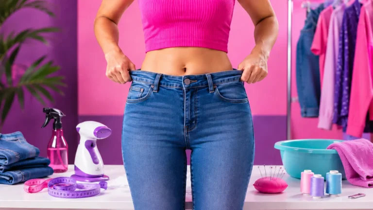 Personne qui étire la taille d’un jean trop serré dans un décor coloré avec accessoires de couture, vapeur et retouche.