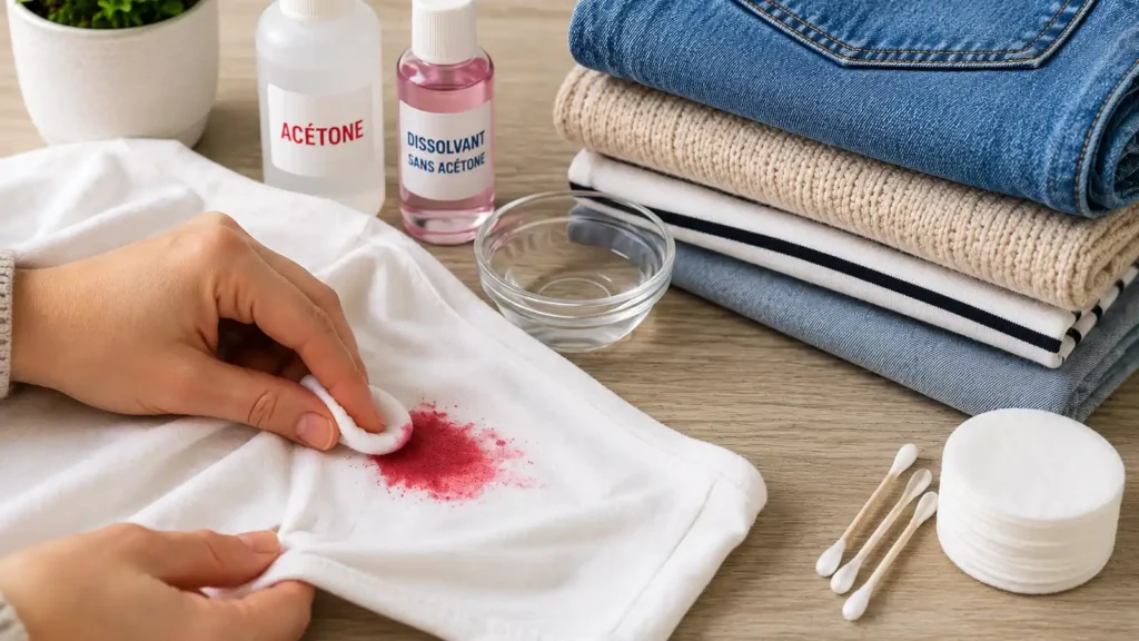 Main tamponnant une tache de vernis rose sur un tissu blanc avec coton, dissolvant et vêtements pliés autour.