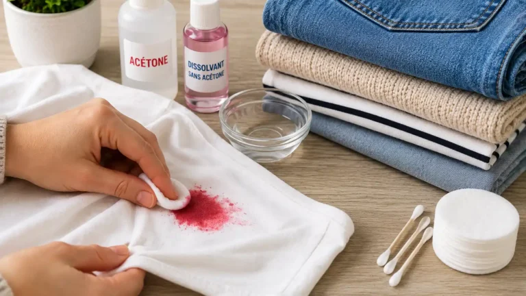 Main tamponnant une tache de vernis rose sur un tissu blanc avec coton, dissolvant et vêtements pliés autour.