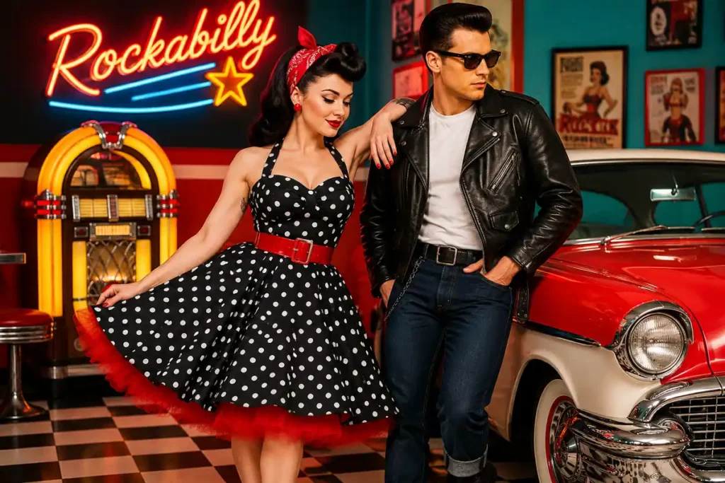 Couple au style rockabilly années 50 dans un diner rétro coloré avec robe à pois, veste en cuir noir et ambiance néon vintage rouge et bleu.