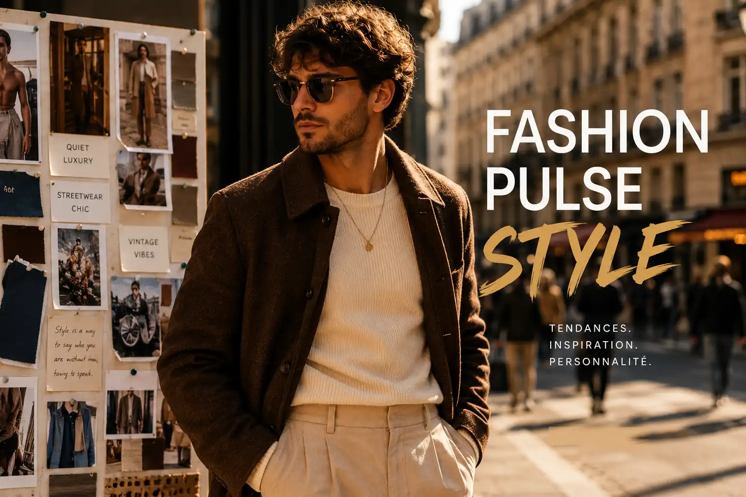 Homme élégant en tenue mode minimaliste chic dans une rue urbaine lumineuse avec couleurs chaudes et ambiance fashion tendance.