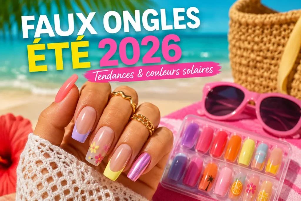 Main avec faux ongles été multicolores en style jelly chrome et french colorée sur décor de plage