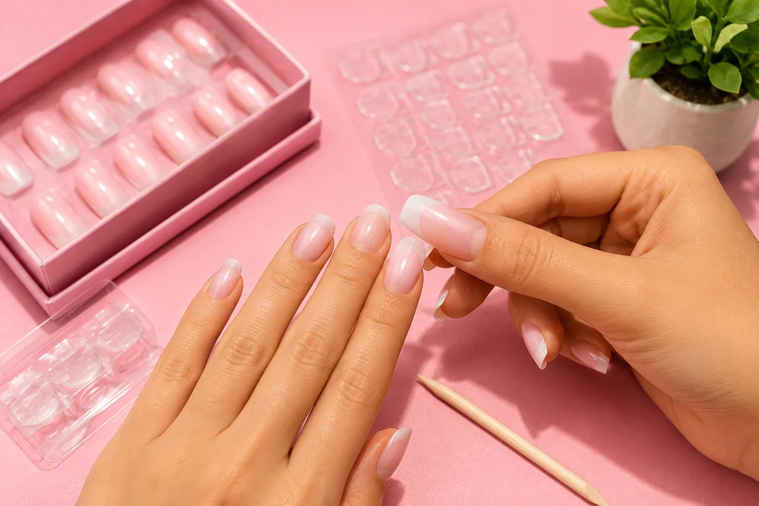 Pose de faux ongles sans colle avec press-on nails et languettes adhésives sur fond rose aux couleurs lumineuses