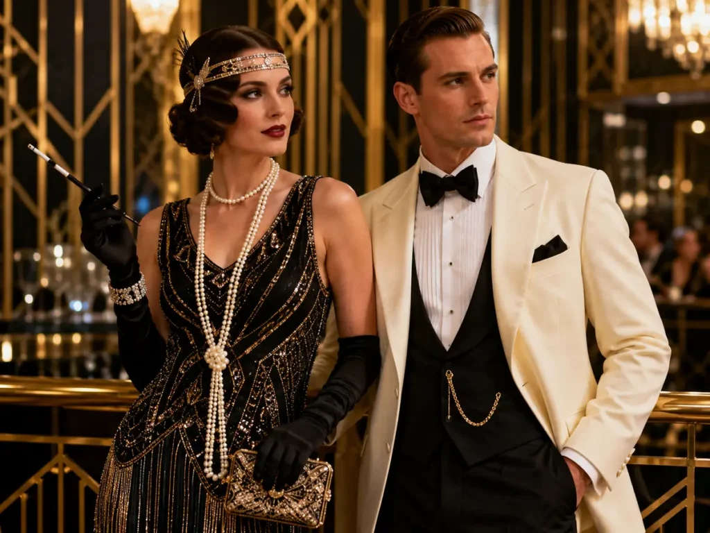 Couple élégant en tenue Gatsby années 20 avec robe à franges, perles, smoking blanc et décor Art déco doré.