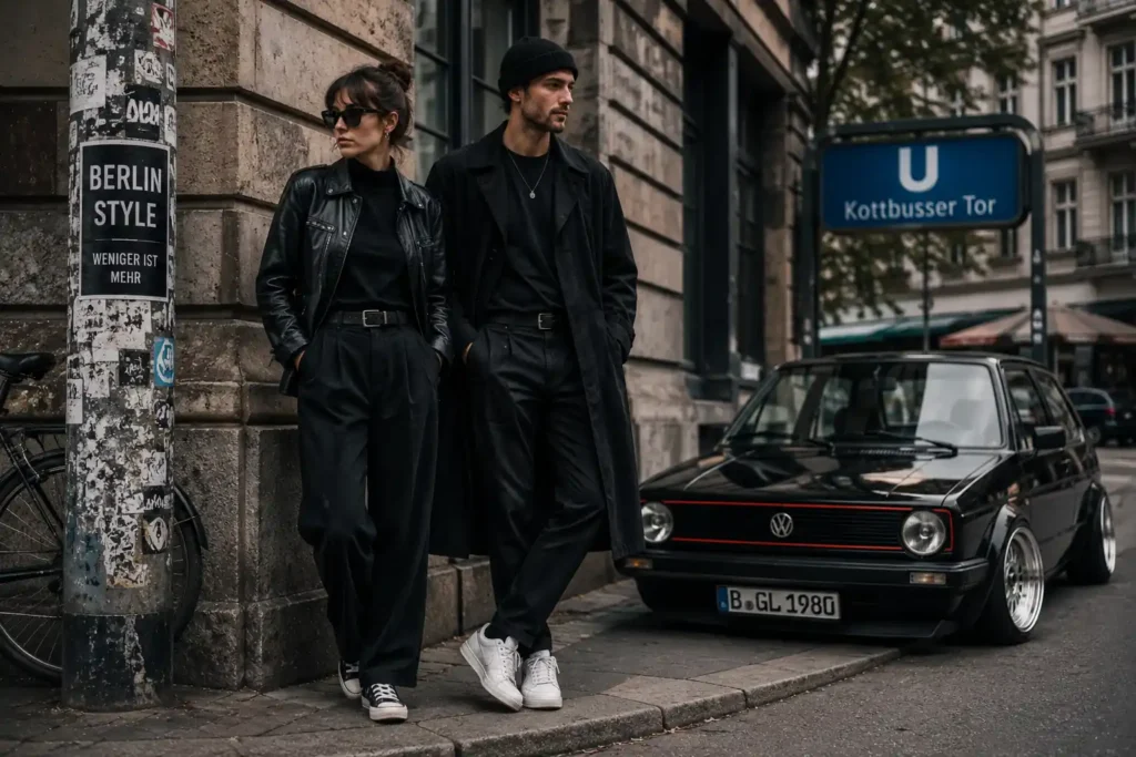 Couple en style allemand minimaliste noir dans une rue berlinoise avec voiture Volkswagen vintage abaissée en arrière-plan.