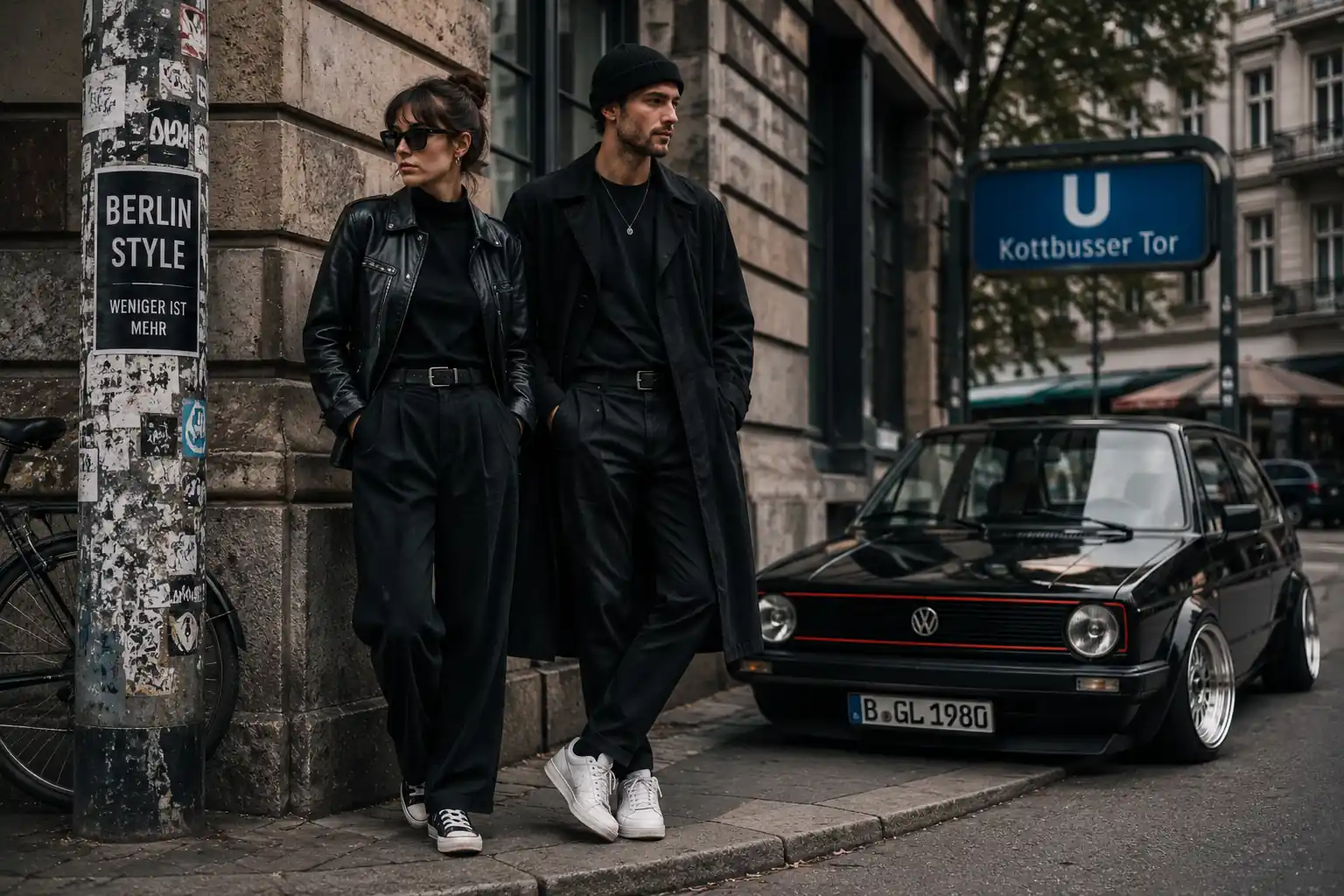 Couple en style allemand minimaliste noir dans une rue berlinoise avec voiture Volkswagen vintage abaissée en arrière-plan.