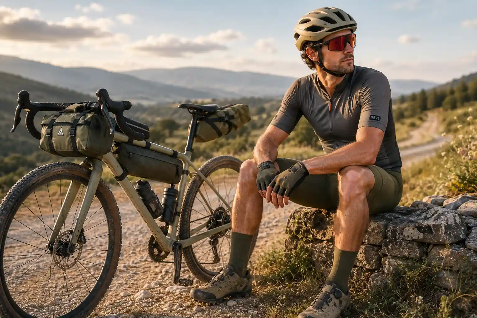 Cycliste gravel en tenue technique assis près de son vélo équipé de sacoches sur un chemin de montagne au coucher du soleil.