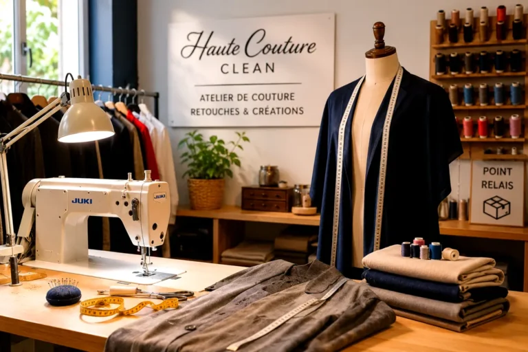 Atelier de retouche couture à Lyon avec machine à coudre mannequin et vêtements en cours d’ajustement