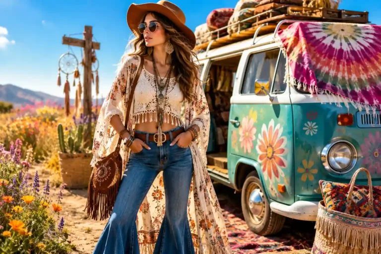 Femme au style hippie bohème portant un pantalon patte d’éléphant et un top crochet devant un van coloré vintage dans un décor fleuri aux couleurs vives.