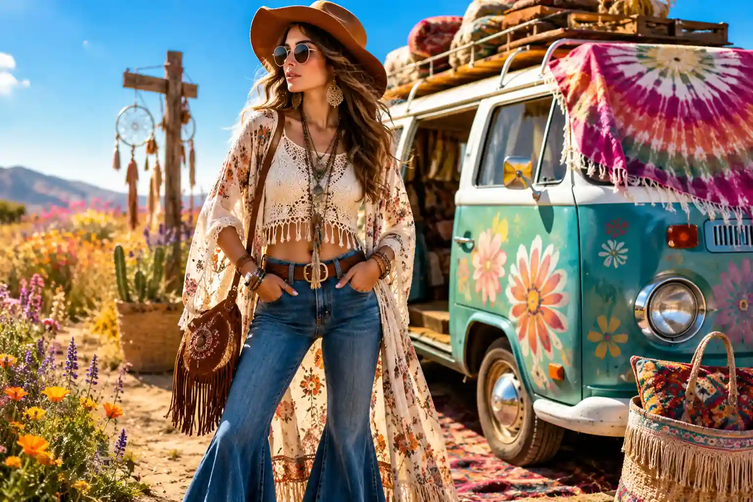 Femme au style hippie bohème portant un pantalon patte d’éléphant et un top crochet devant un van coloré vintage dans un décor fleuri aux couleurs vives.