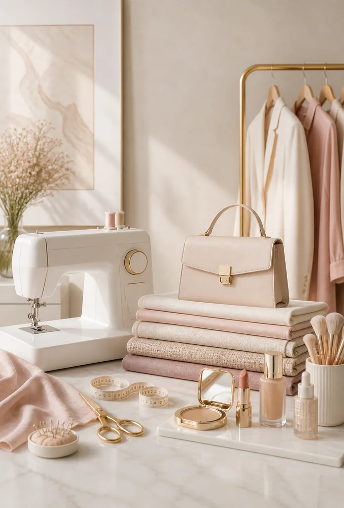 Ambiance moderne et élégante mêlant couture, mode et beauté avec machine à coudre, vêtements pastel, accessoires et maquillage.