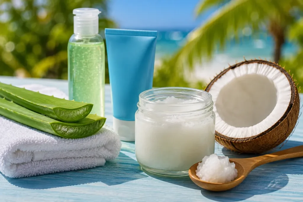 Huile de coco et aloe vera pour apaiser la peau après un coup de soleil sur fond tropical bleu
