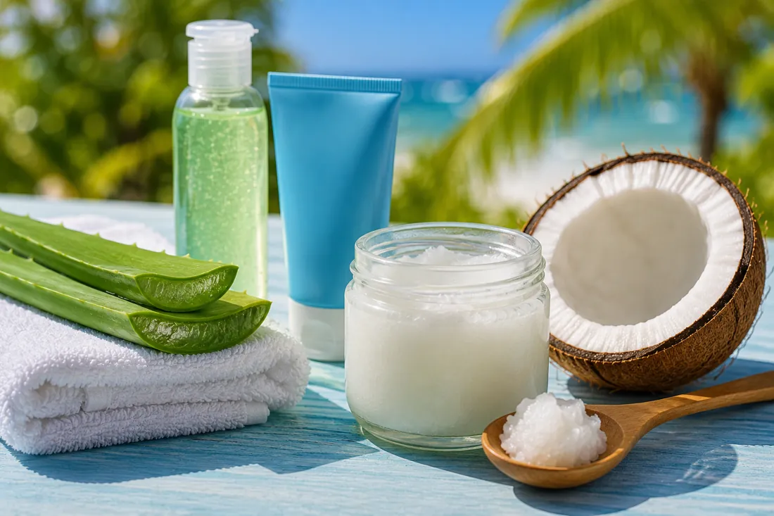 Huile de coco et aloe vera pour apaiser la peau après un coup de soleil sur fond tropical bleu