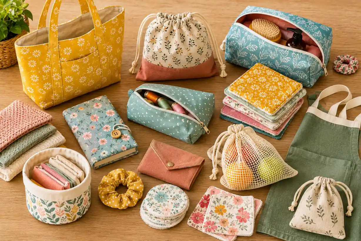 Idées couture utiles avec accessoires cousus main colorés et projets DIY du quotidien sur table en bois.