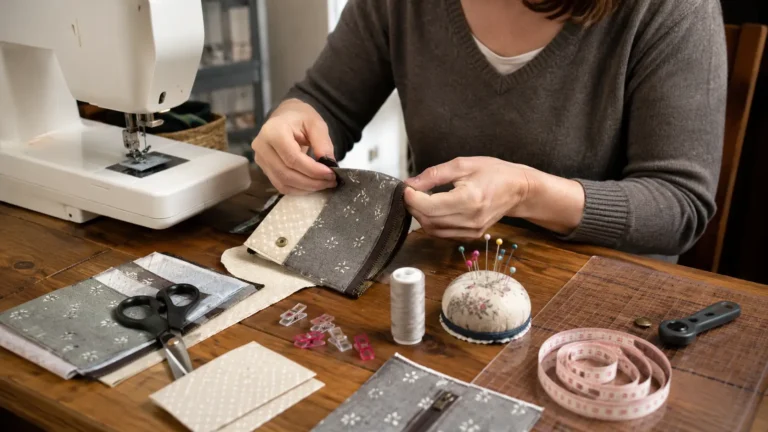 Personne en train de coudre un porte-monnaie en tissu sur une table avec machine à coudre, patrons, fil, ciseaux et accessoires de couture.
