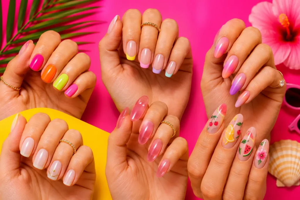 Mains avec manucures estivales colorées et flashy sur fond rose tropical.