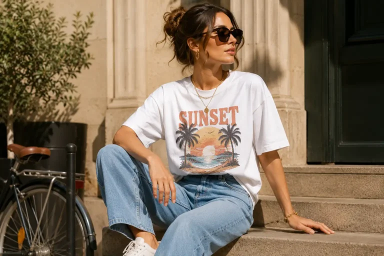 Jeune femme décontractée sur des escaliers portant un t-shirt tendance oversize avec jean large et lunettes de soleil.
