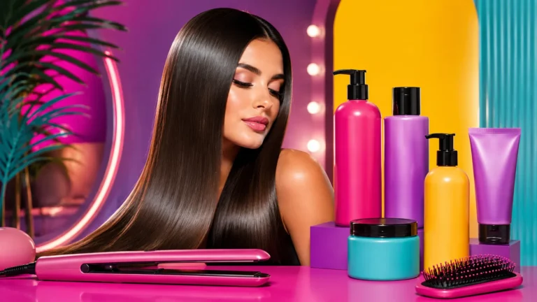 Femme aux cheveux longs lisses et brillants avec un kit de lissage tanin composé de soins capillaires, d’une brosse et d’un lisseur rose.