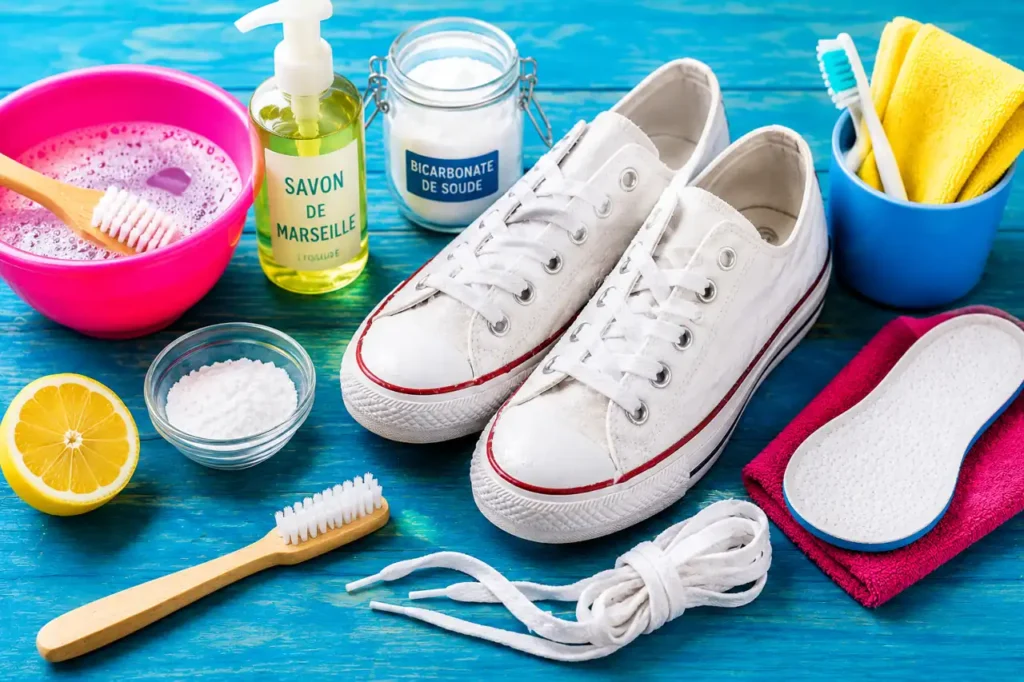 Baskets blanches nettoyées à la main avec brosse, savon, bicarbonate et accessoires colorés sur fond bleu flashy.