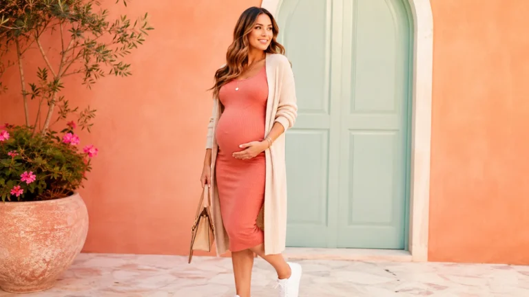 Femme enceinte portant une robe de grossesse rose, un cardigan long et des sneakers blanches dans un décor lumineux aux couleurs douces.