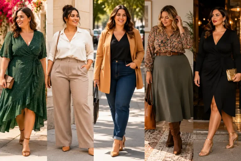 Femmes rondes portant des tenues élégantes et modernes avec robes fluides, pantalons taille haute et blazers ouverts dans un style chic et coloré.