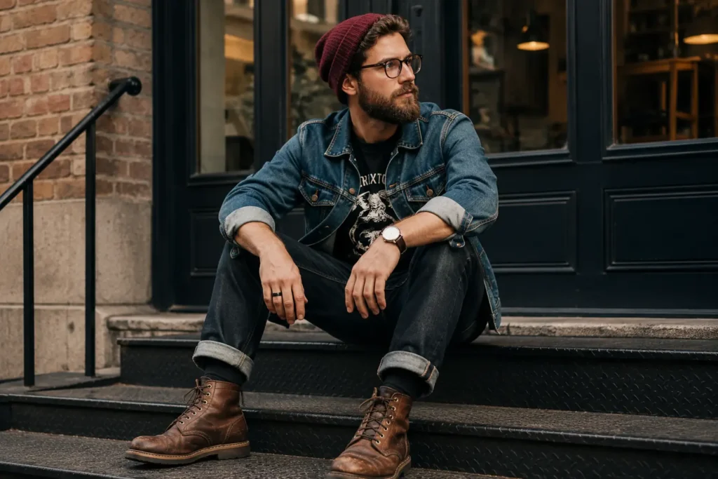 Homme au look hipster urbain portant veste en jean, bonnet et boots en cuir dans une ambiance vintage moderne.