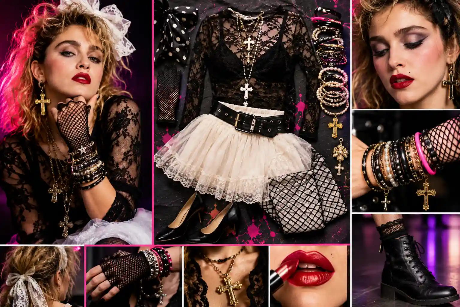 Look inspiré de Madonna années 80 avec dentelle noire, bijoux crucifix, bracelets empilés, maquillage rouge et ambiance rose néon.
