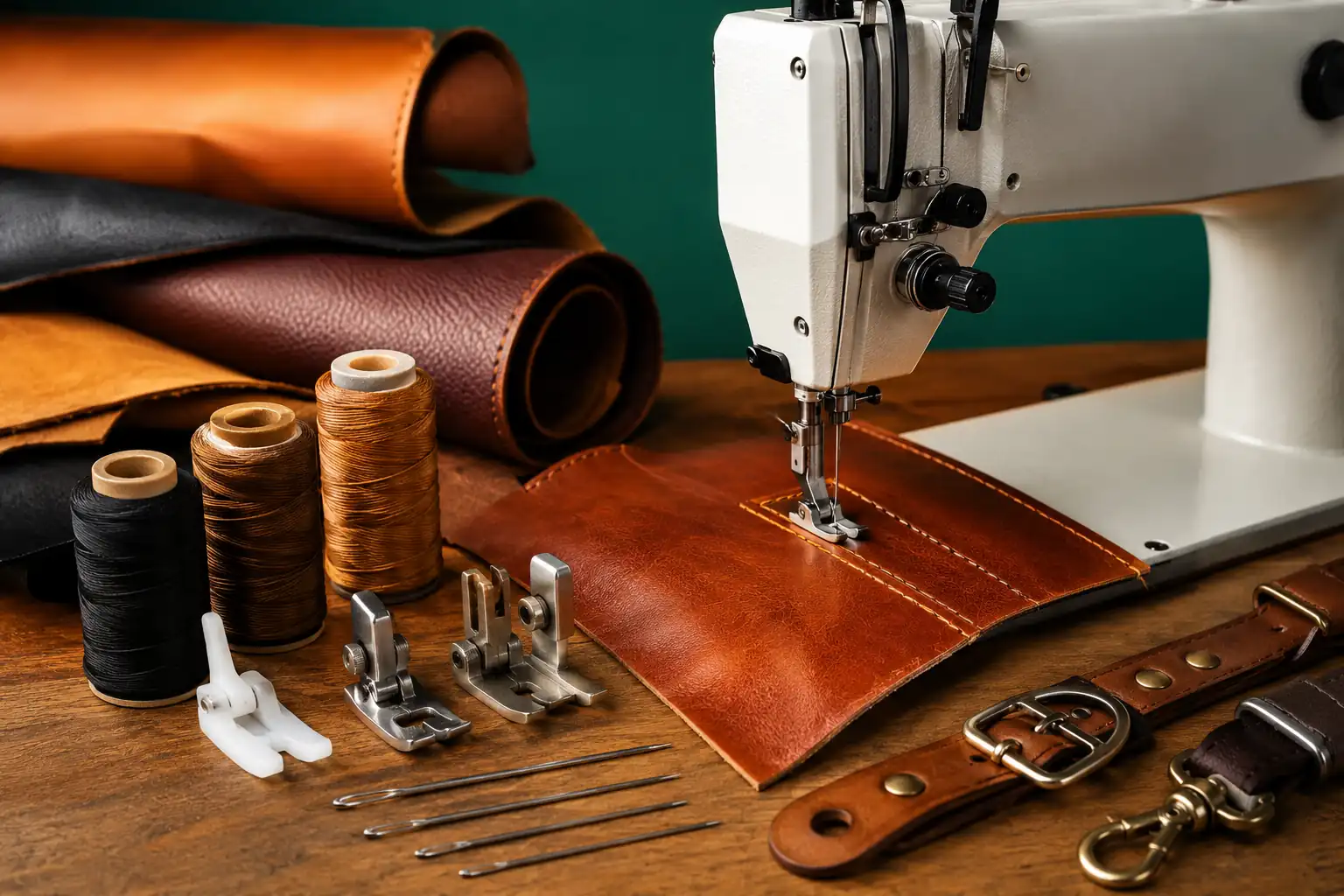 Machine à coudre industrielle cousant du cuir brun avec fils, aiguilles et accessoires de maroquinerie colorés.