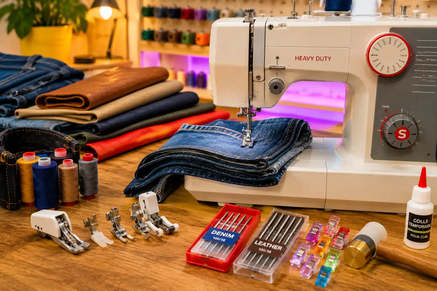 Machine à coudre robuste cousant plusieurs épaisseurs de jean dans un atelier coloré avec accessoires pour tissus épais.