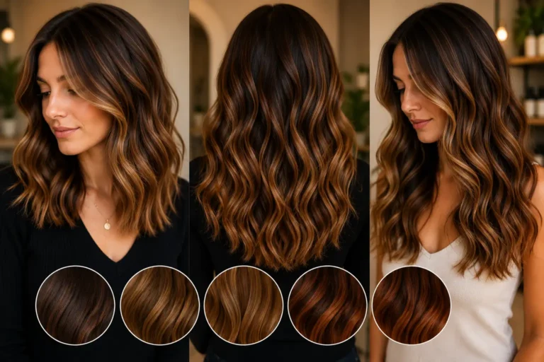 Femme aux cheveux châtains avec mèches caramel lumineuses et reflets chauds dans un salon de coiffure moderne.