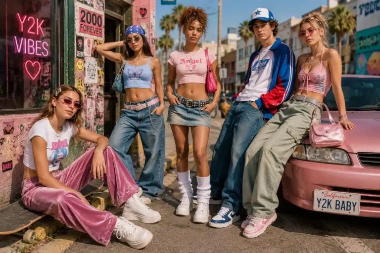 Adolescents en tenues Y2K colorées avec jean taille basse, crop top, jogging velours et accessoires années 2000.