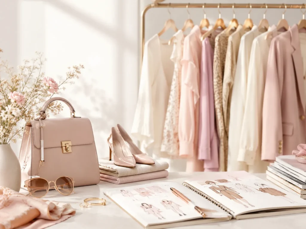 Composition mode élégante avec vêtements pastel sur portant, sac à main, escarpins, lunettes et carnet de croquis dans un studio lumineux.