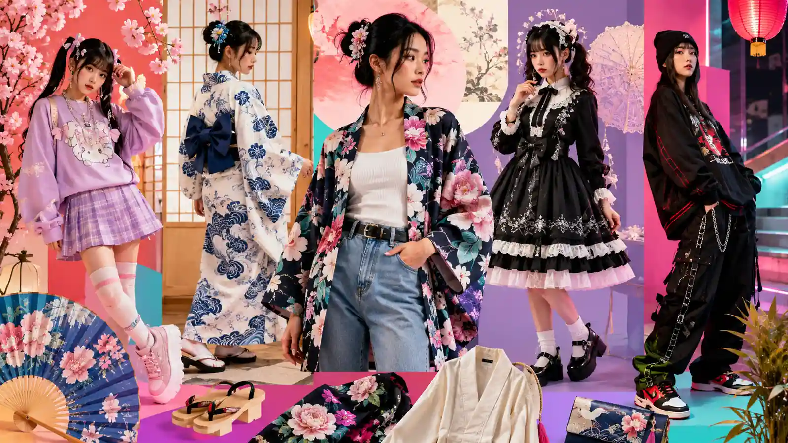 Femmes portant des tenues inspirées de la mode japonaise, avec kimono moderne, style kawaii, look Lolita et streetwear coloré sur fond flashy.