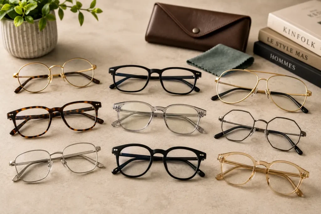 Sélection de lunettes homme tendance avec montures rondes, rectangulaires, aviateur et géométriques en métal, écaille et acétate transparent.