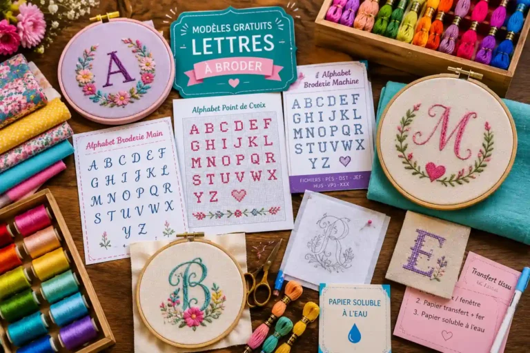 Matériel de broderie coloré avec tambours, fils, tissus et modèles de lettres brodées sur une table créative.
