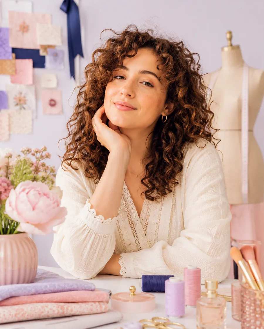 Camille, muse éditoriale de Mon Bouton, dans un atelier couture féminin avec tissus pastel, fils, fleurs et accessoires beauté.