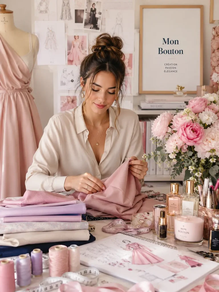 Créatrice dans un atelier Mon Bouton, travaillant un tissu rose parmi des croquis mode, accessoires beauté, fleurs et éléments de couture pastel.