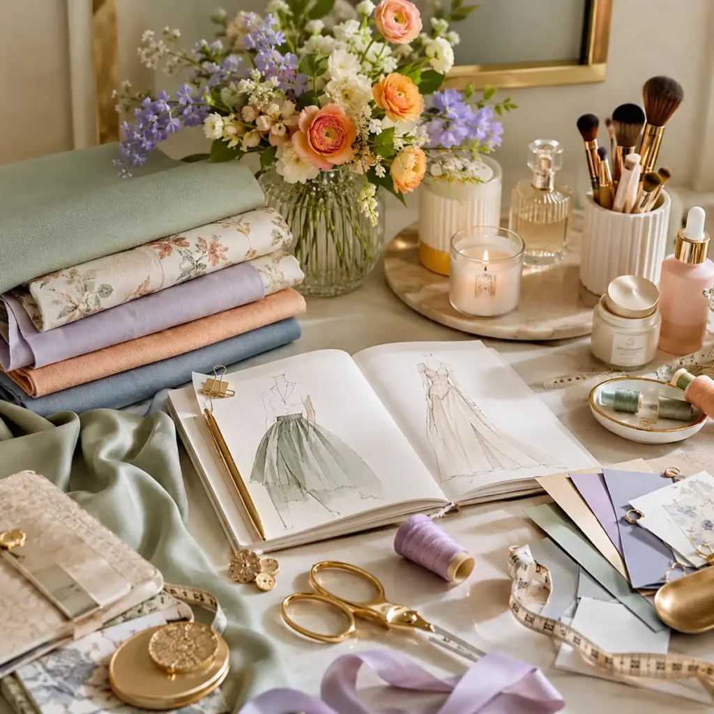Flatlay Mon Bouton aux tons sauge, lavande et pêche avec tissus pliés, croquis de mode, fleurs fraîches, pinceaux beauté et accessoires de couture.