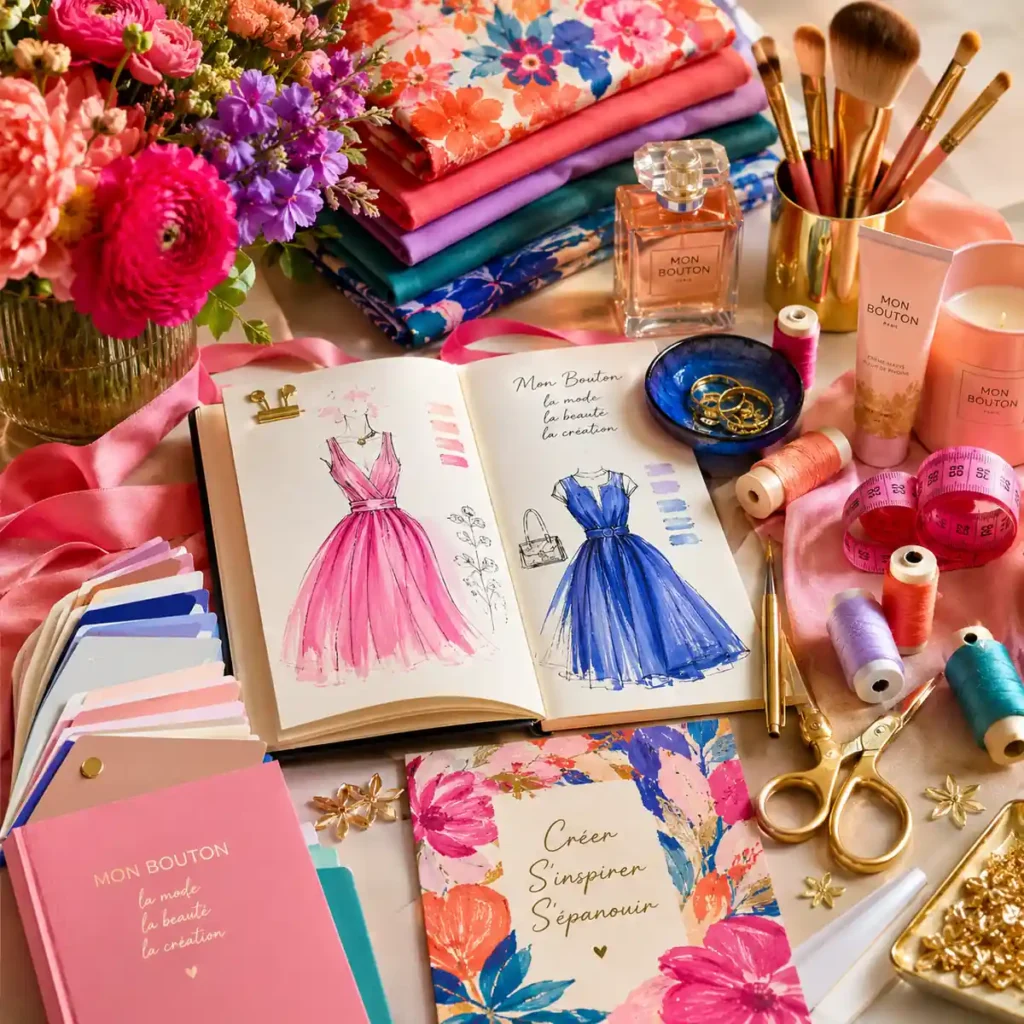 Flatlay coloré Mon Bouton avec tissus fleuris, croquis de mode, accessoires beauté, fils à coudre, fleurs vives et détails dorés dans un univers créatif et féminin.