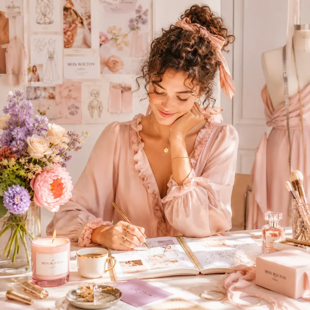 Jeune femme dans un atelier créatif chic de Mon Bouton, entourée de fleurs, carnet d’inspiration mode, accessoires beauté et ambiance couture pastel.