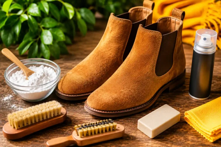 Chaussures en daim camel avec bicarbonate, brosses à daim, gomme et spray nettoyant sur table en bois lumineuse.