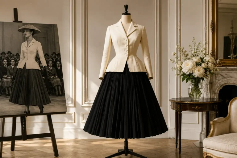 Mannequin portant une silhouette New Look Dior avec veste cintrée ivoire et jupe ample noire dans un salon couture élégant.