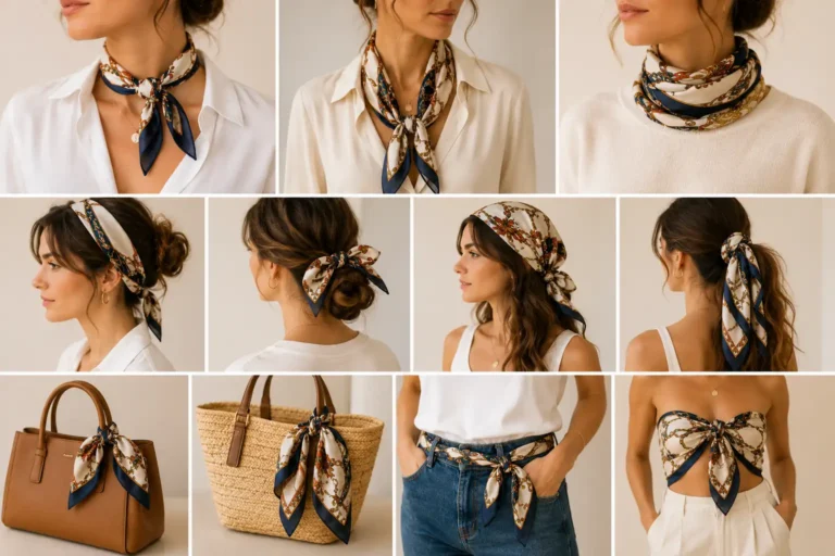 Différentes façons élégantes de nouer un foulard en soie autour du cou, dans les cheveux, sur un sac et en ceinture avec un style chic et lumineux.