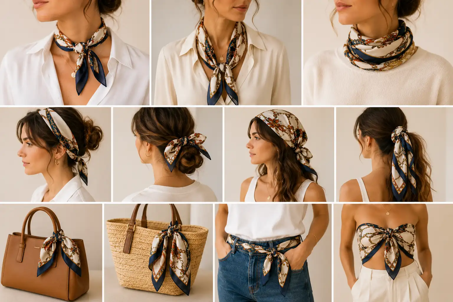 Différentes façons élégantes de nouer un foulard en soie autour du cou, dans les cheveux, sur un sac et en ceinture avec un style chic et lumineux.