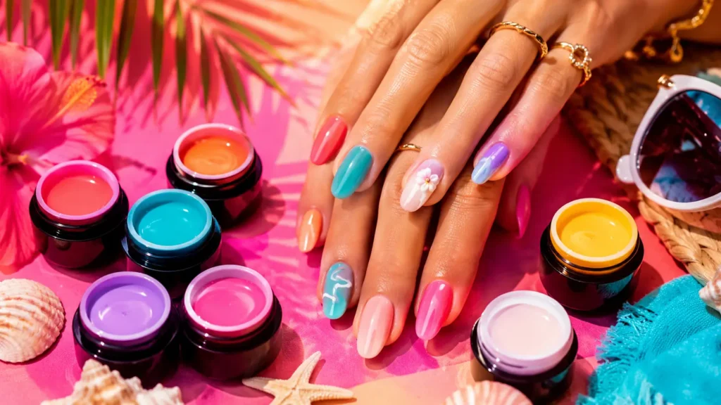 Mains avec ongles en gel colorés pour l’été, manucure brillante aux teintes corail, turquoise, rose, lavande et jaune sur fond estival tropical.