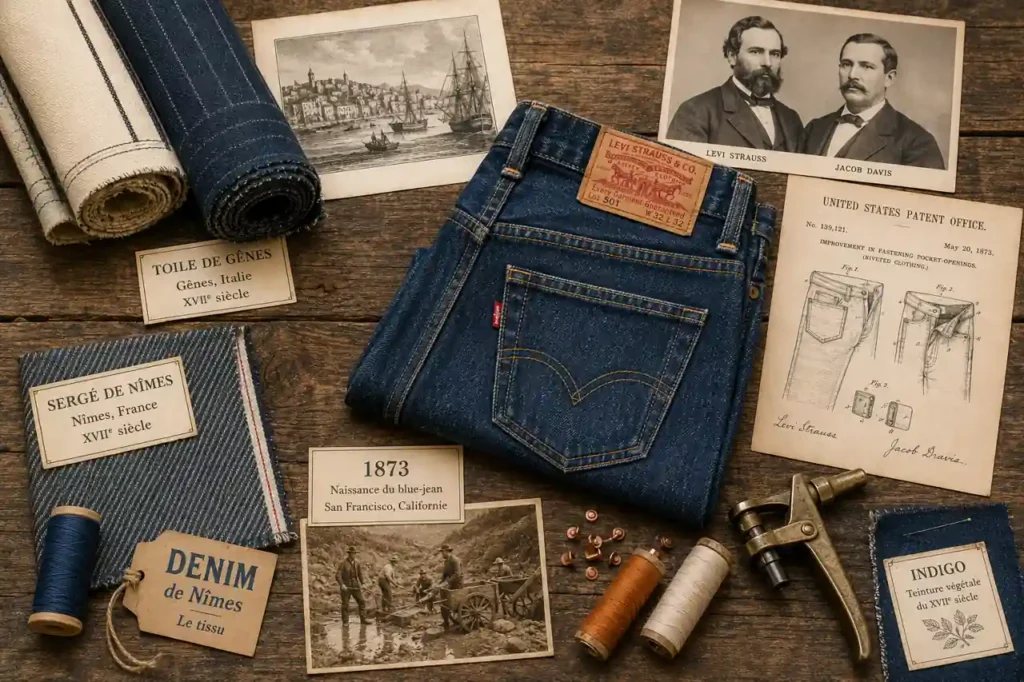Composition vintage autour de l’origine du jean avec denim brut, outils de couture anciens et pantalon en jean bleu.