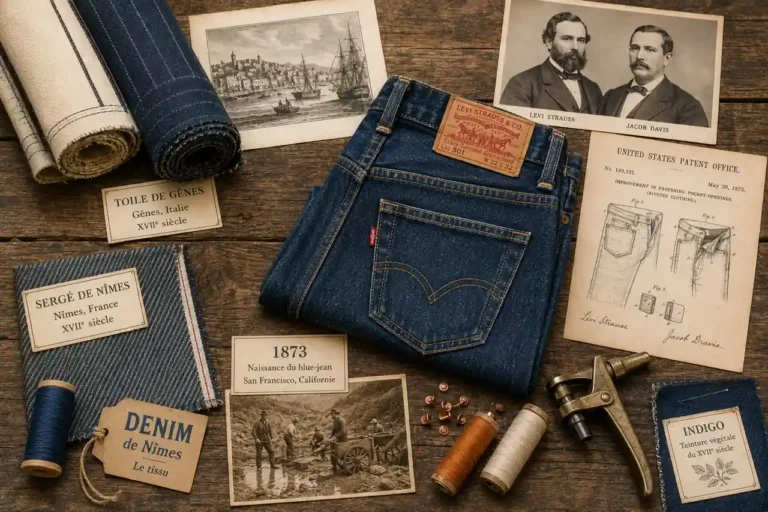 Composition vintage autour de l’origine du jean avec denim brut, outils de couture anciens et pantalon en jean bleu.