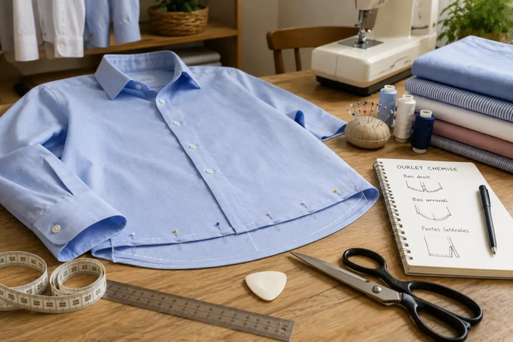 Chemise bleue épinglée pour un ourlet sur une table de couture avec machine, ciseaux, mètre ruban et fils assortis.