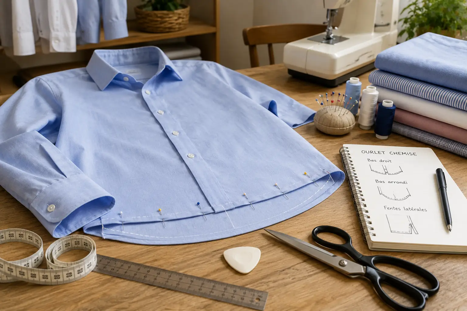 Chemise bleue épinglée pour un ourlet sur une table de couture avec machine, ciseaux, mètre ruban et fils assortis.